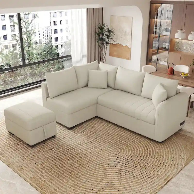 L-förmiges Sektionsschlafsofa mit Ausziehfunktion, USB-Anschlüssen, Steckdosen und einem beweglichen Stauraubhocker, Beige