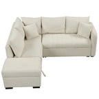 L-förmiges Sektionsschlafsofa mit Ausziehfunktion, USB-Anschlüssen, Steckdosen und einem beweglichen Stauraubhocker, Beige