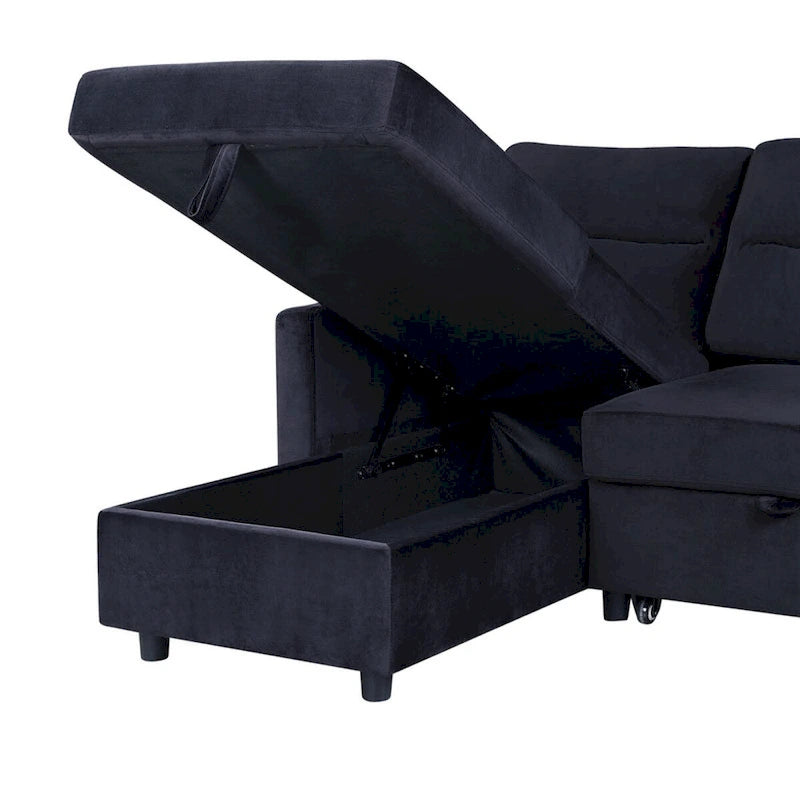 Ivy 81,5 Zoll schwarzes, beidseitig montierbares Schlafsofa mit Stauraum-Recamiere und Seitentasche – 81,5B x 60T x 33,5H