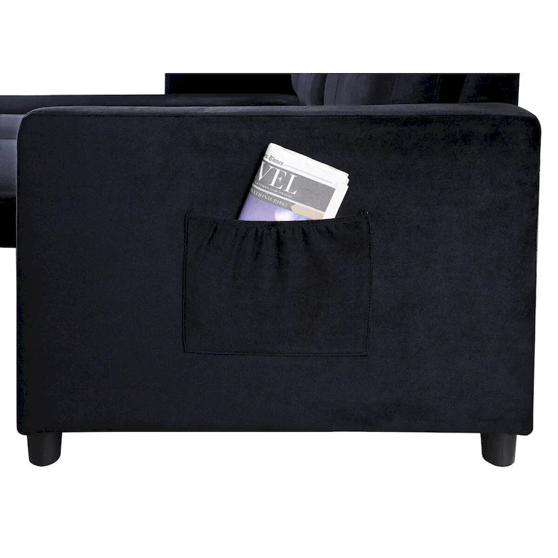 Ivy 81,5 Zoll schwarzes, beidseitig montierbares Schlafsofa mit Stauraum-Recamiere und Seitentasche – 81,5B x 60T x 33,5H