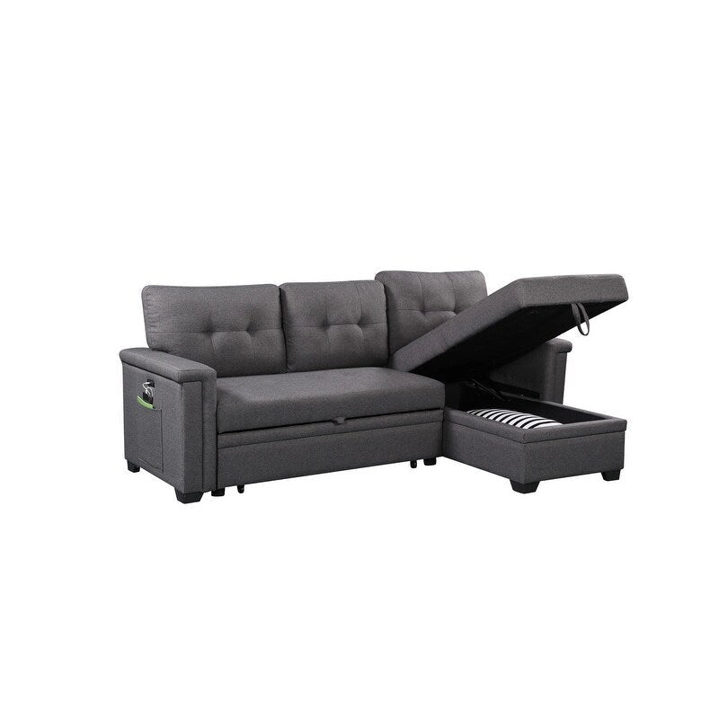 Ashlyn 84 Zoll Dunkelgraues Reversibles Schlafsofa mit Stauraum-Recamiere und USB-Ladeanschlüssen - 84B x 54T x 35H