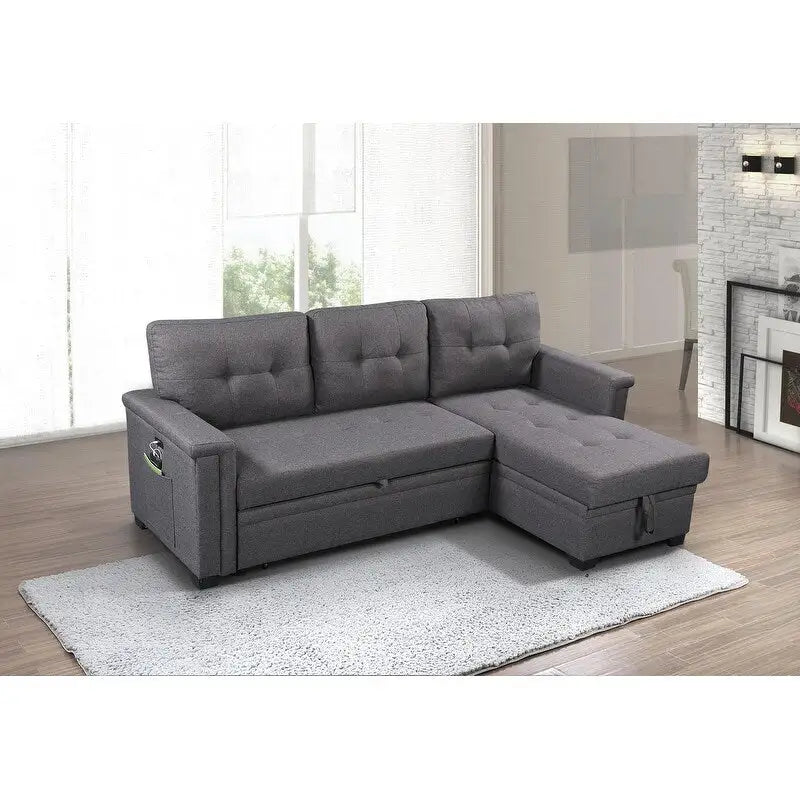 Ashlyn 84 Zoll Dunkelgraues Reversibles Schlafsofa mit Stauraum-Recamiere und USB-Ladeanschlüssen - 84B x 54T x 35H