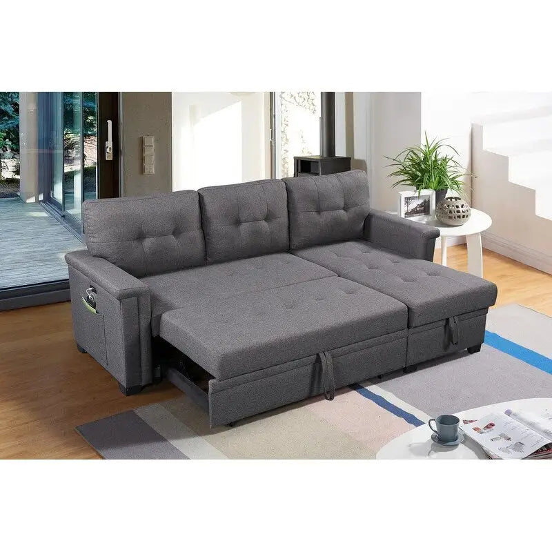 Ashlyn 84 Zoll Dunkelgraues Reversibles Schlafsofa mit Stauraum-Recamiere und USB-Ladeanschlüssen - 84B x 54T x 35H