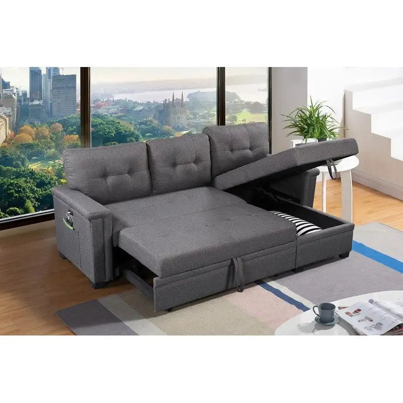 Ashlyn 84 Zoll Dunkelgraues Reversibles Schlafsofa mit Stauraum-Recamiere und USB-Ladeanschlüssen - 84B x 54T x 35H