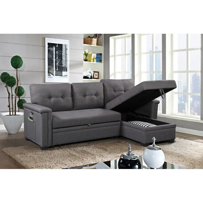 Ashlyn 84 Zoll Dunkelgraues Reversibles Schlafsofa mit Stauraum-Recamiere und USB-Ladeanschlüssen - 84B x 54T x 35H