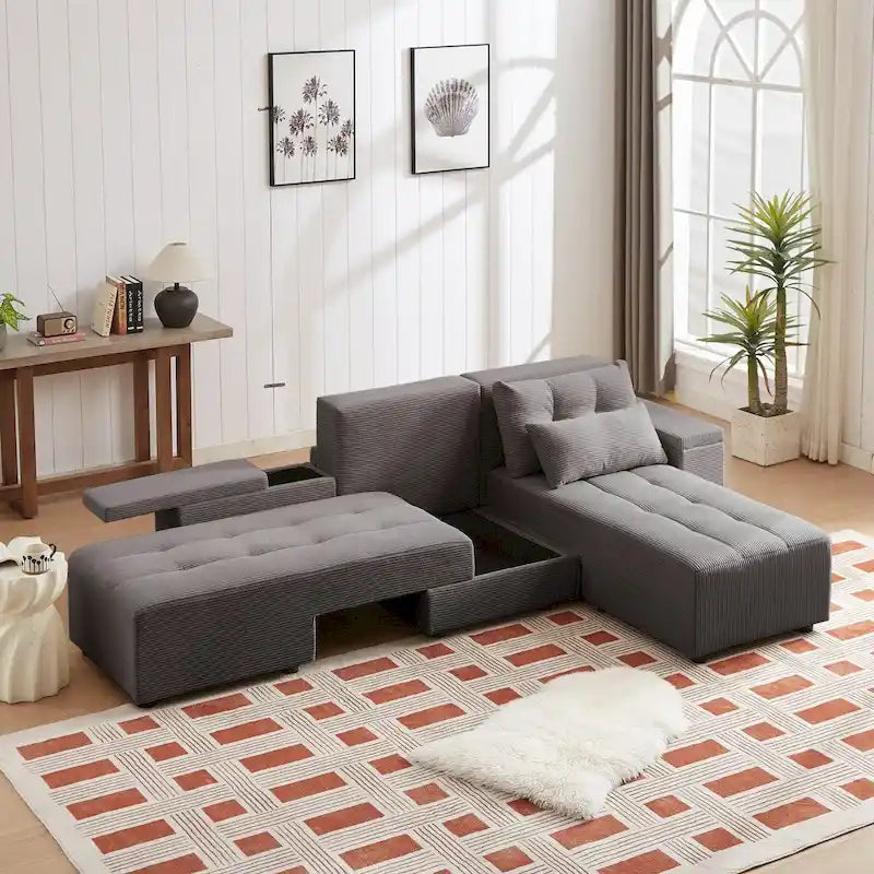 Modulares Cord-Schlafsofa & Ecksofa-Set, Grau, 3-in-1 Design