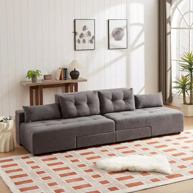 Modulares Cord-Schlafsofa & Ecksofa-Set, Grau, 3-in-1 Design