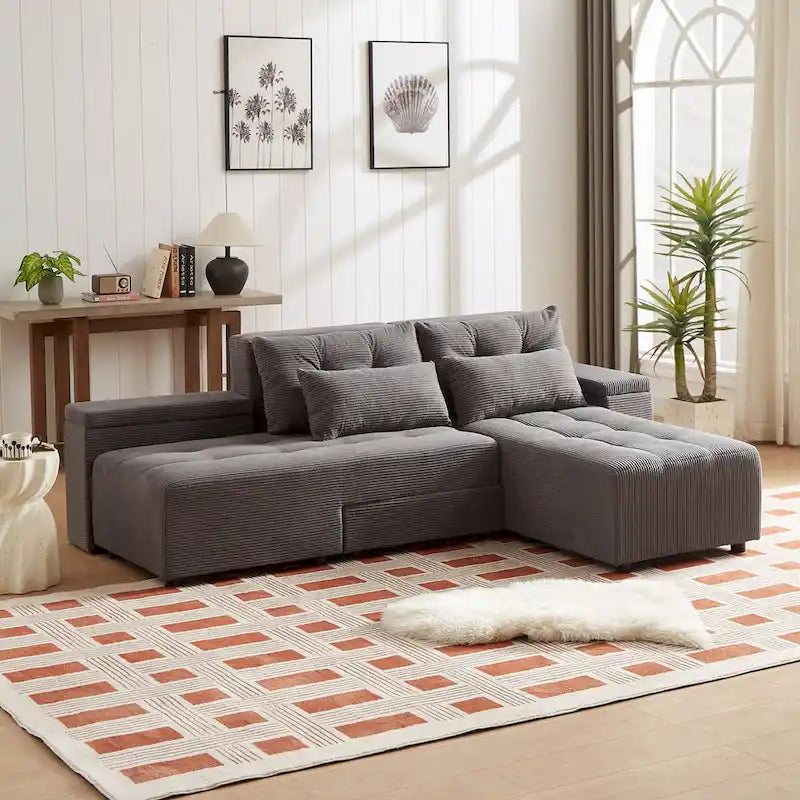 Modulares Cord-Schlafsofa & Ecksofa-Set, Grau, 3-in-1 Design