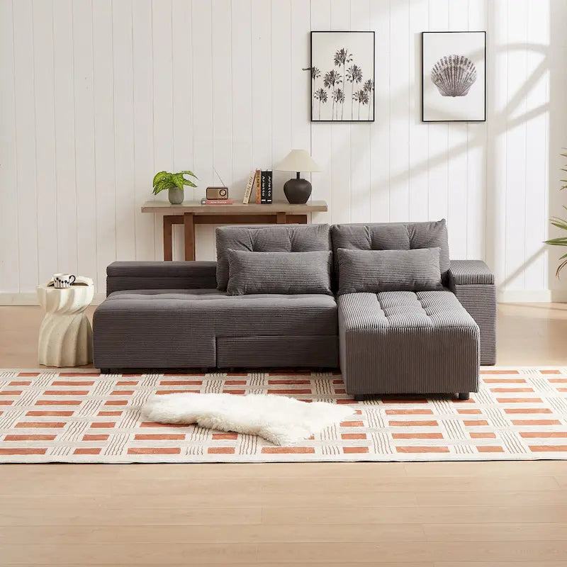 Modulares Cord-Schlafsofa & Ecksofa-Set, Grau, 3-in-1 Design