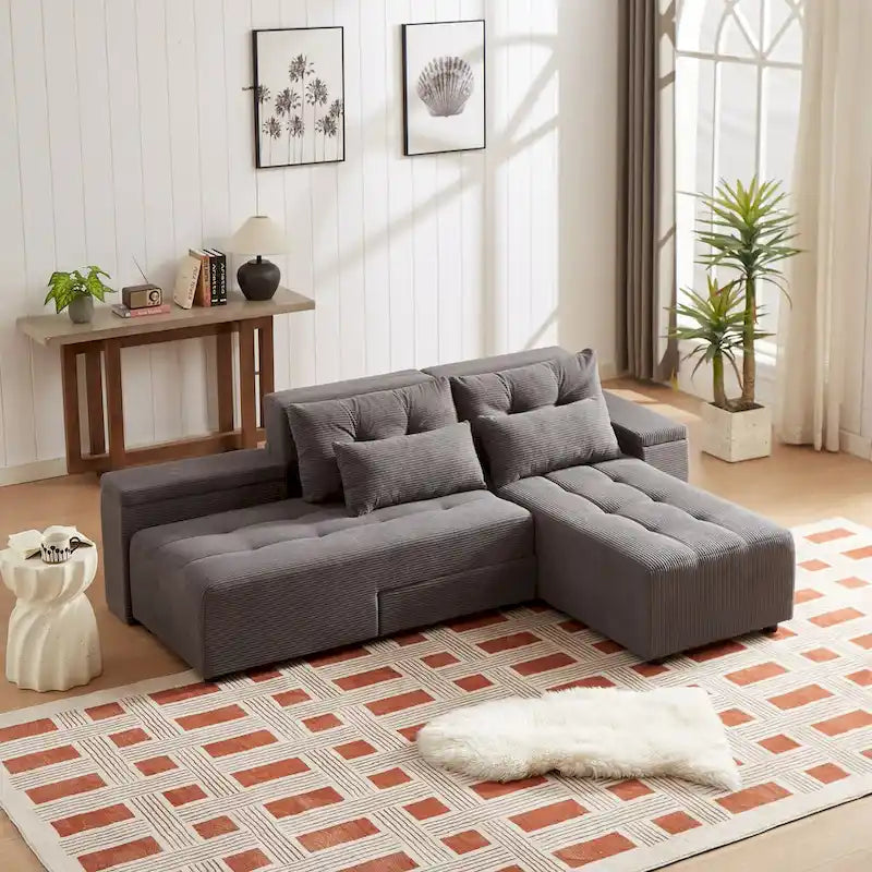Modulares Cord-Schlafsofa & Ecksofa-Set, Grau, 3-in-1 Design