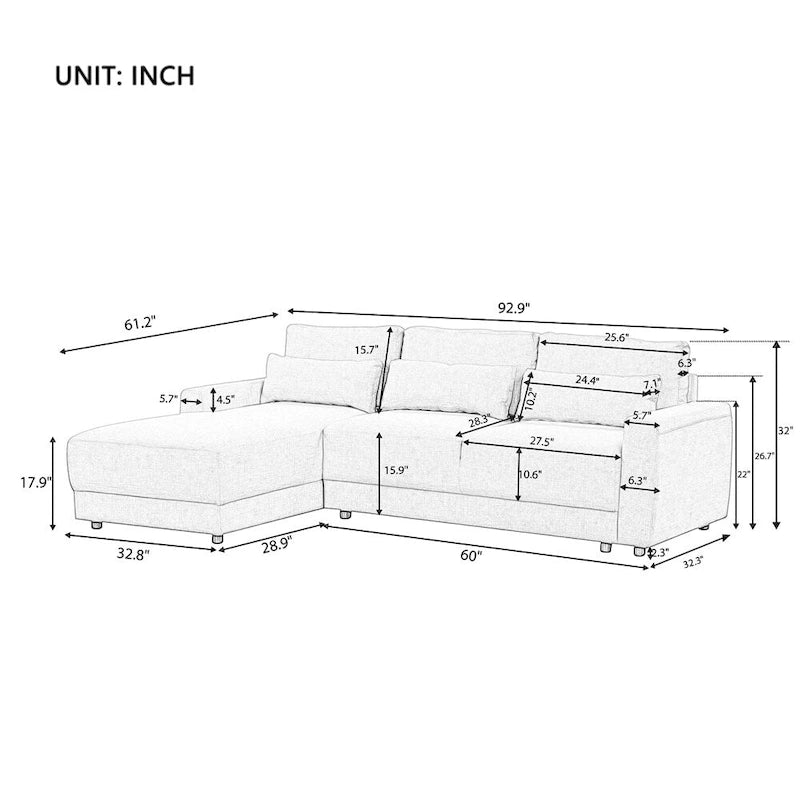 L-förmiges modulares Ecksofa mit abnehmbaren Rückenkissen und 3 Kissen