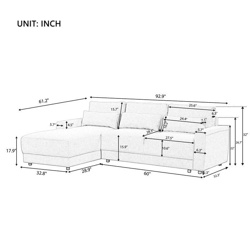 92,9W L-förmiges Modulsofa mit Kissen und 3 Dekokissen