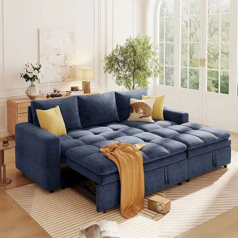 Blaues L-förmiges Schlafsofa mit Stauraum, weicher Chenille-Stoff