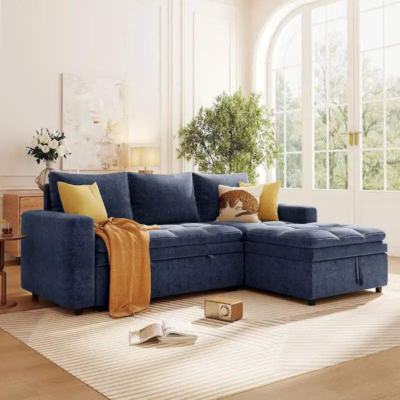 Blaues L-förmiges Schlafsofa mit Stauraum, weicher Chenille-Stoff