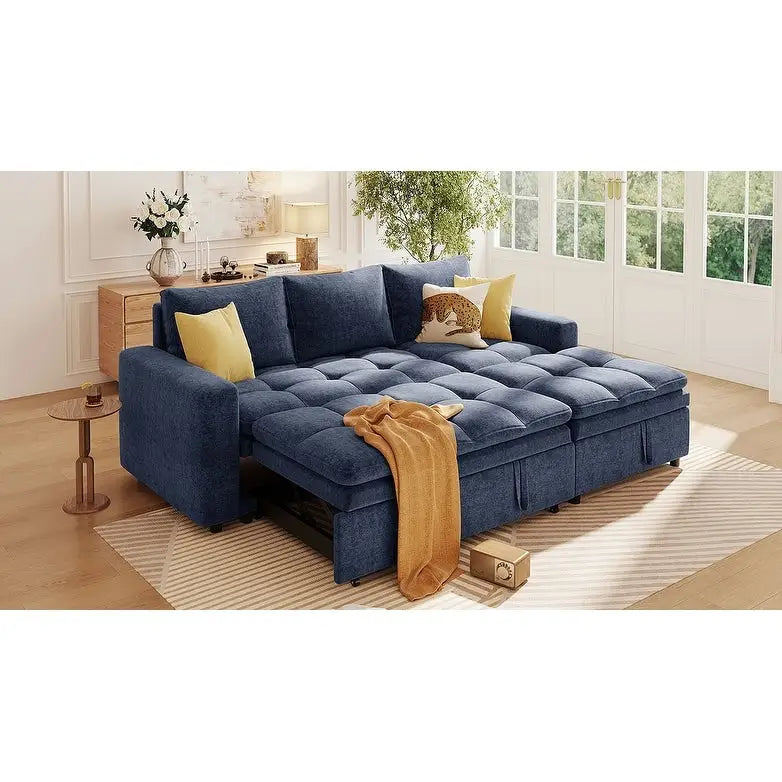 Blaues L-förmiges Schlafsofa mit Stauraum, weicher Chenille-Stoff