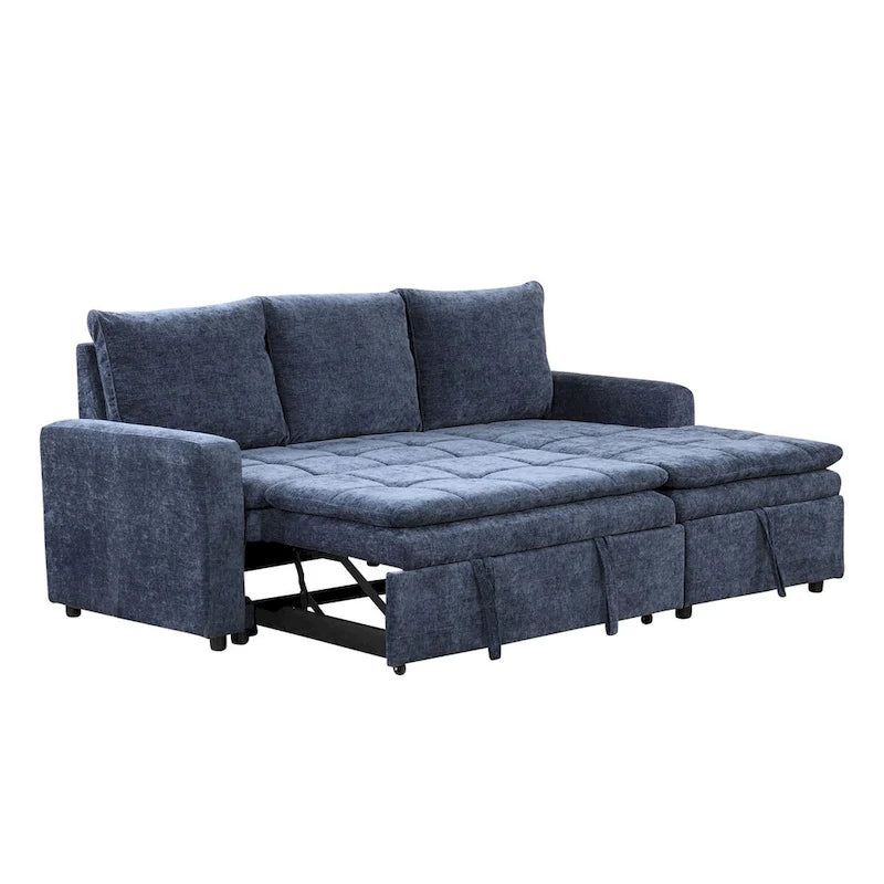 Blaues L-förmiges Schlafsofa mit Stauraum, weicher Chenille-Stoff