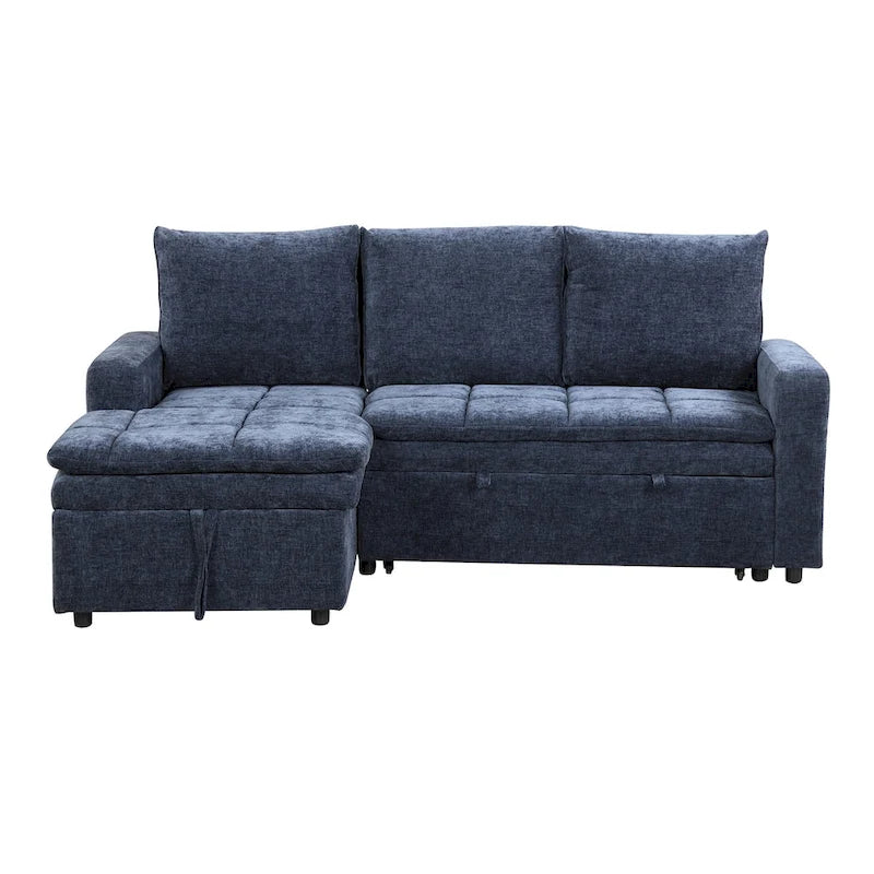 Blaues L-förmiges Schlafsofa mit Stauraum, weicher Chenille-Stoff