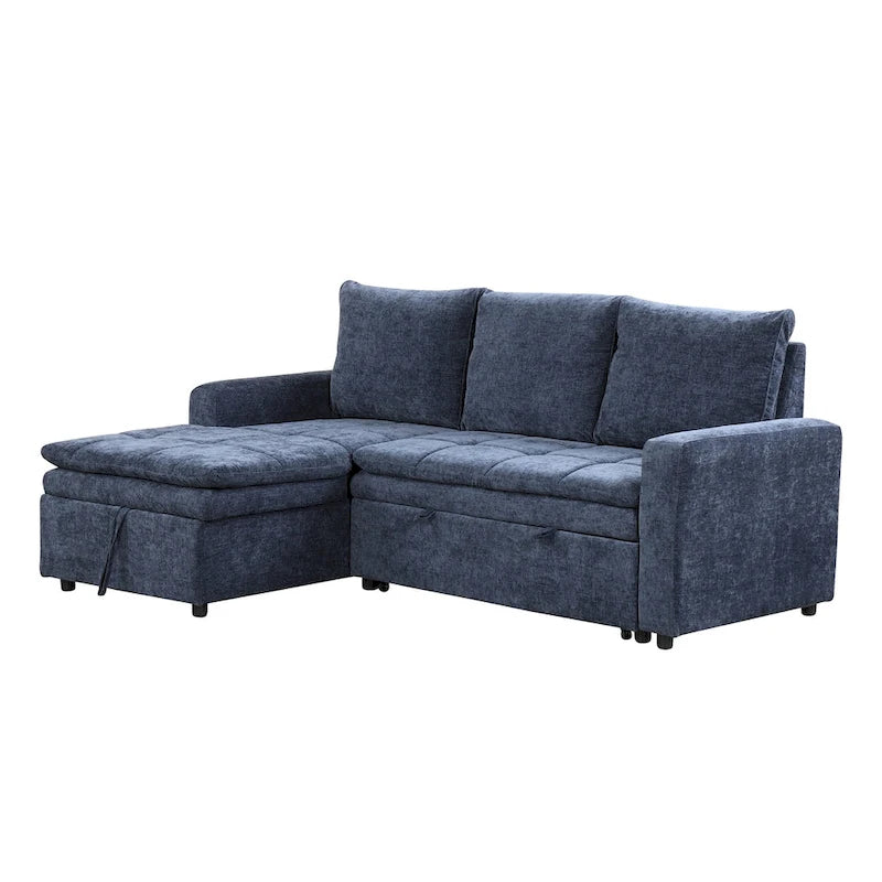 Blaues L-förmiges Schlafsofa mit Stauraum, weicher Chenille-Stoff