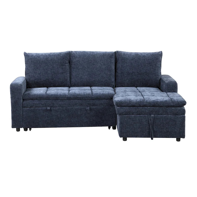 Blaues L-förmiges Schlafsofa mit Stauraum, weicher Chenille-Stoff