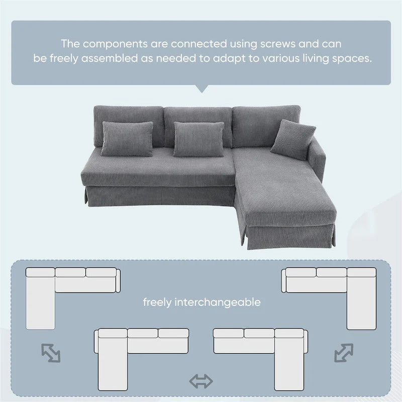 Modernes L-förmiges Cord-Sofa mit umkehrbarer Recamiere von Harper&Bright Designs