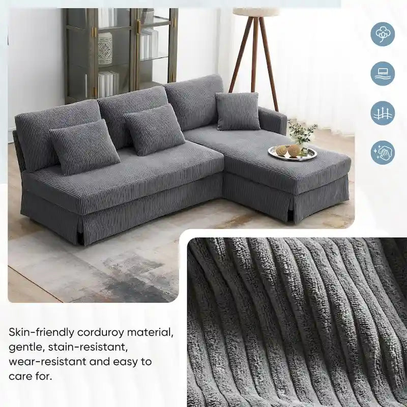 Modernes L-förmiges Cord-Sofa mit umkehrbarer Recamiere von Harper&Bright Designs