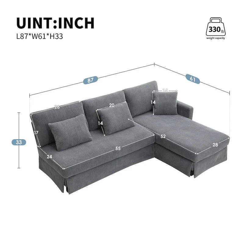 Modernes L-förmiges Cord-Sofa mit umkehrbarer Recamiere von Harper&Bright Designs