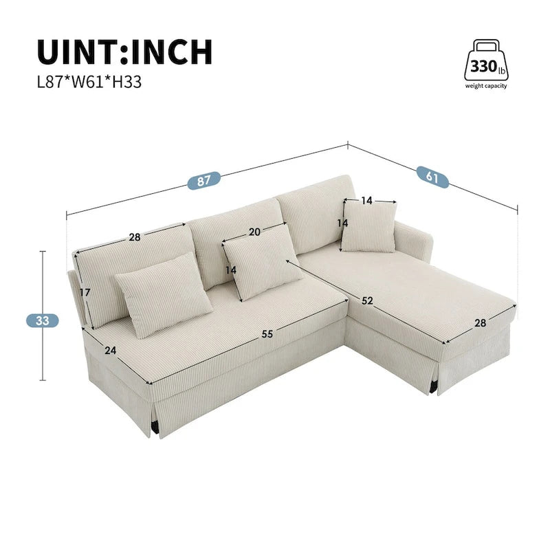 Modernes L-förmiges Cord-Sofa mit umkehrbarer Recamiere von Harper&Bright Designs