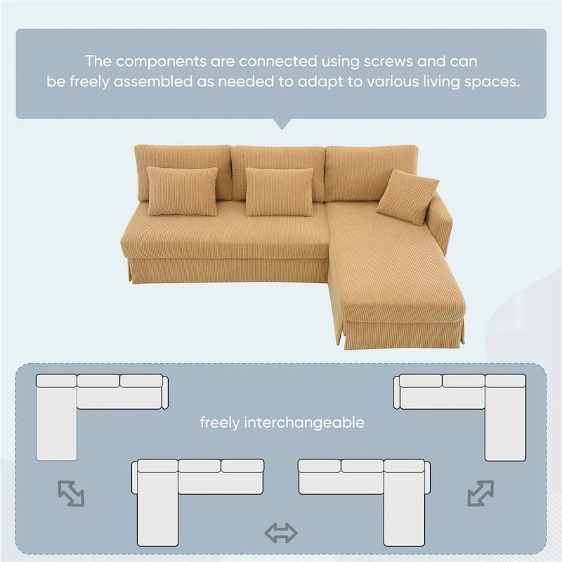 Modernes L-förmiges Cord-Sofa mit umkehrbarer Recamiere von Harper&Bright Designs