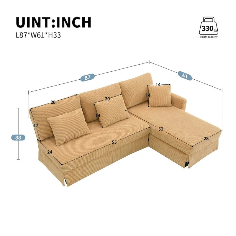 Modernes L-förmiges Cord-Sofa mit umkehrbarer Recamiere von Harper&Bright Designs