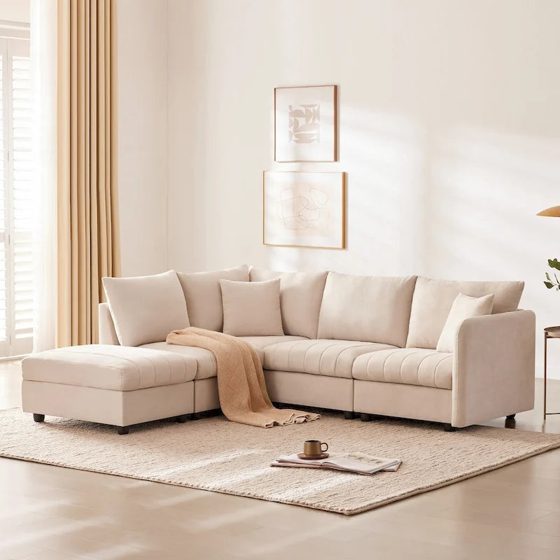 Modernes L-förmiges Ecksofa mit vertikalen Streifen, 2 Kissen, Ottomane, verschiedene Kombinationen, Beige