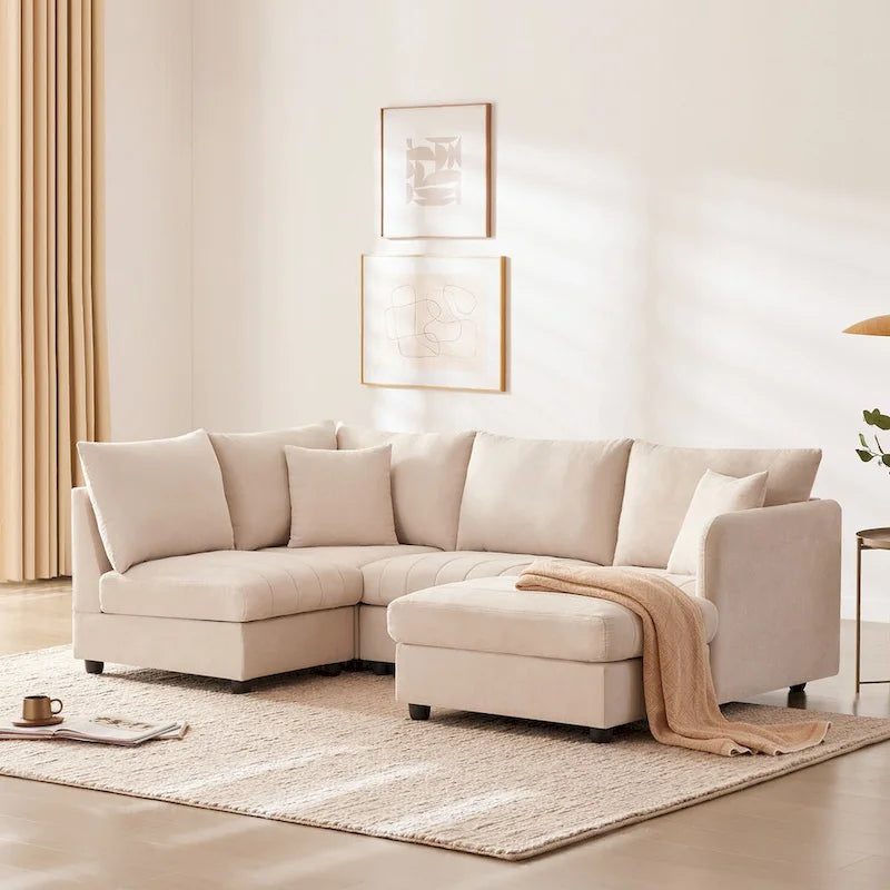 Modernes L-förmiges Ecksofa mit vertikalen Streifen, 2 Kissen, Ottomane, verschiedene Kombinationen, Beige