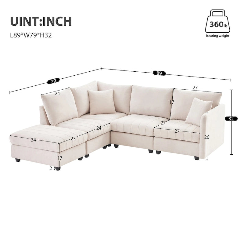 Modernes L-förmiges Ecksofa mit vertikalen Streifen, 2 Kissen, Ottomane, verschiedene Kombinationen, Beige
