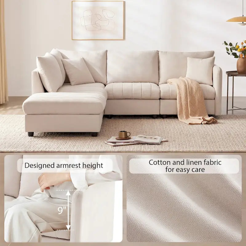 Modernes L-förmiges Ecksofa mit vertikalen Streifen, 2 Kissen, Ottomane, verschiedene Kombinationen, Beige