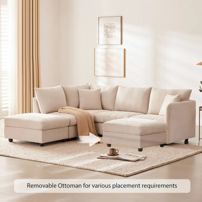 Modernes L-förmiges Ecksofa mit vertikalen Streifen, 2 Kissen, Ottomane, verschiedene Kombinationen, Beige