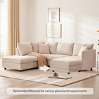 Modernes L-förmiges Ecksofa mit vertikalen Streifen, 2 Kissen, Ottomane, verschiedene Kombinationen, Beige