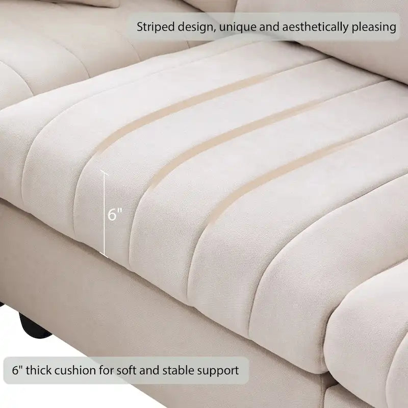 Modernes L-förmiges Ecksofa mit vertikalen Streifen, 2 Kissen, Ottomane, verschiedene Kombinationen, Beige