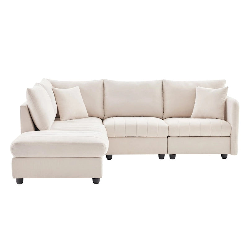 Modernes L-förmiges Ecksofa mit vertikalen Streifen, 2 Kissen, Ottomane, verschiedene Kombinationen, Beige