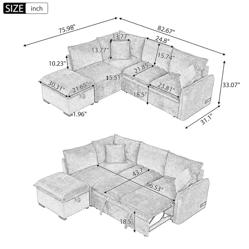 Schlafsofa-Sektionalschlafsofa, L-förmig, mit Ottomane, zwei Kissen, Steckdosen und USB-Anschluss, Orange