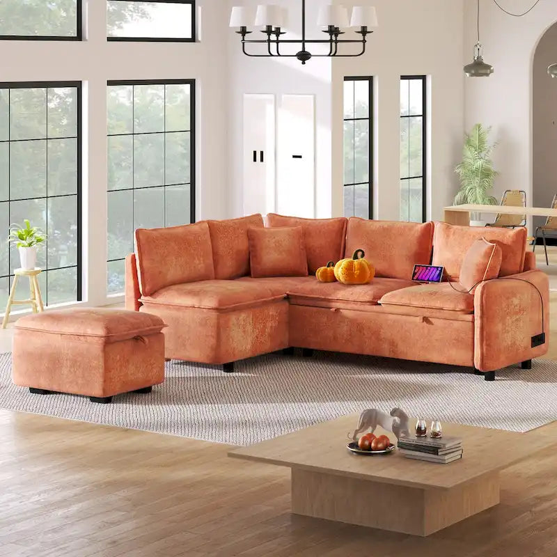 Schlafsofa-Sektionalschlafsofa, L-förmig, mit Ottomane, zwei Kissen, Steckdosen und USB-Anschluss, Orange