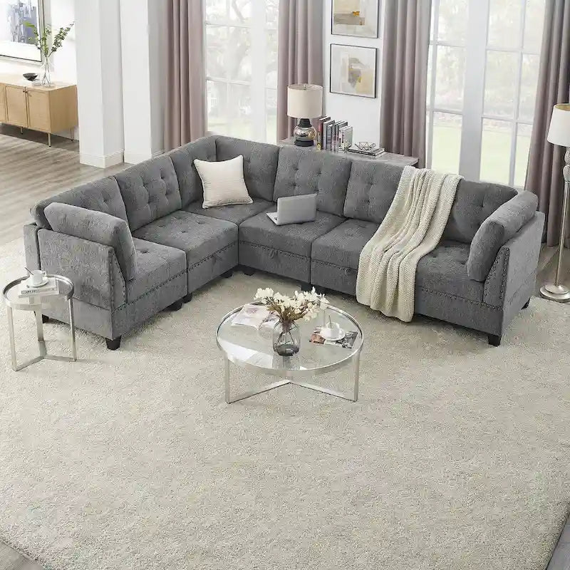 Graues Chenille L-förmiges modulares Ecksofa mit drei einzelnen Sesseln und drei Ecken – 116 B x 89,5 T x 36,5 H