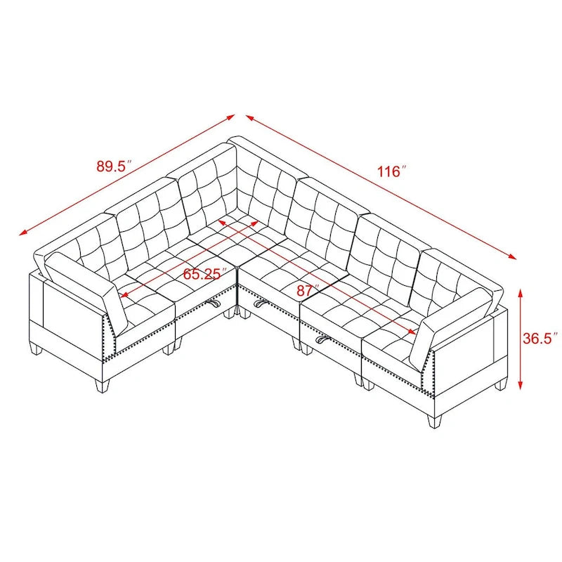 Graues Chenille L-förmiges modulares Ecksofa mit drei einzelnen Sesseln und drei Ecken – 116 B x 89,5 T x 36,5 H