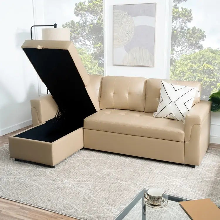 Perry Modernes, umbaubares Ecksofa mit Schlaffunktion und Stauraum-Recamiere, Ausziehbare Schlafsofa-Couch für das Wohnzimmer