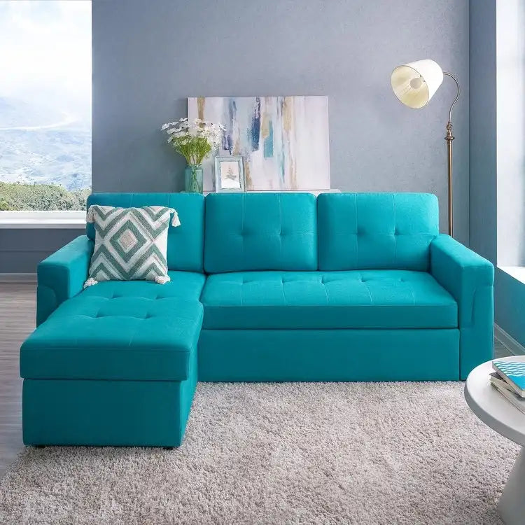 Perry Modernes, umbaubares Ecksofa mit Schlaffunktion und Stauraum-Recamiere, Ausziehbare Schlafsofa-Couch für das Wohnzimmer