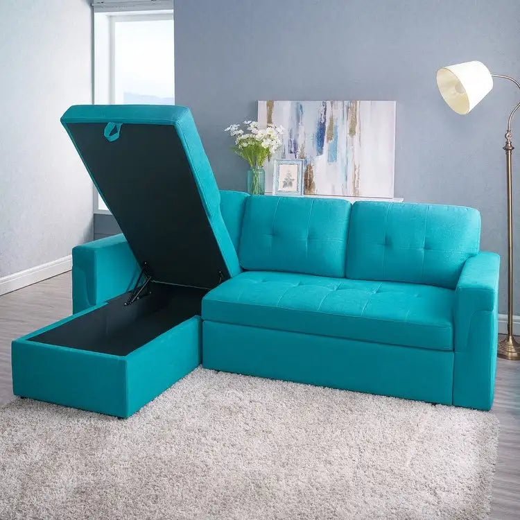 Perry Modernes, umbaubares Ecksofa mit Schlaffunktion und Stauraum-Recamiere, Ausziehbare Schlafsofa-Couch für das Wohnzimmer