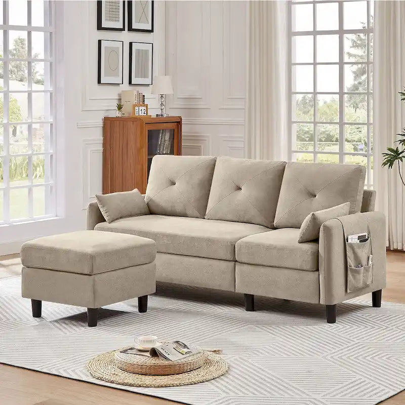 77.36 L-förmiges Sektionalsofa mit seitlicher Aufbewahrungstasche und umkehrbarem Ottoman