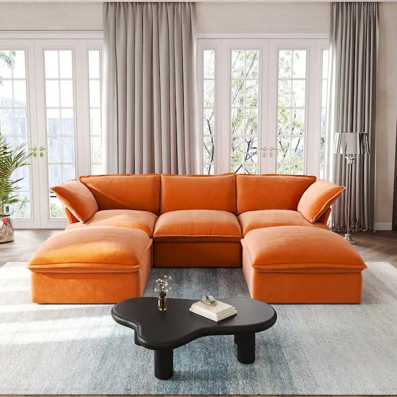 U-förmiges Sektionalsofa für das Wohnzimmer, wandelbares Sektionssofa aus Samt mit Ottomanen