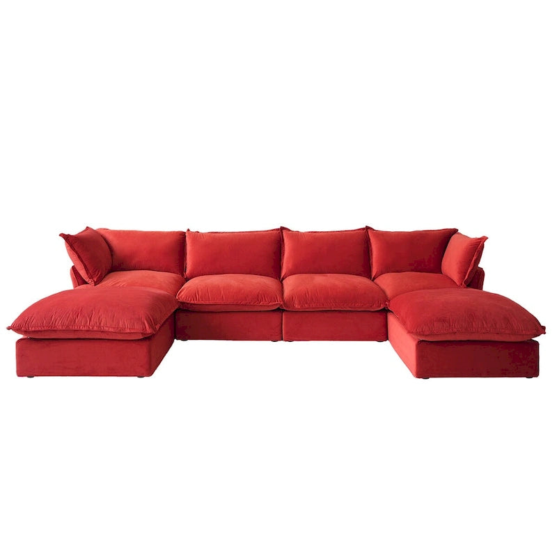 U-förmiges Samt Cloud Schnittsofa, Daunenfeder breite tiefe Sitzfläche umwandelbare Couch mit 2 Aufbewahrungs-Ottomanen.
