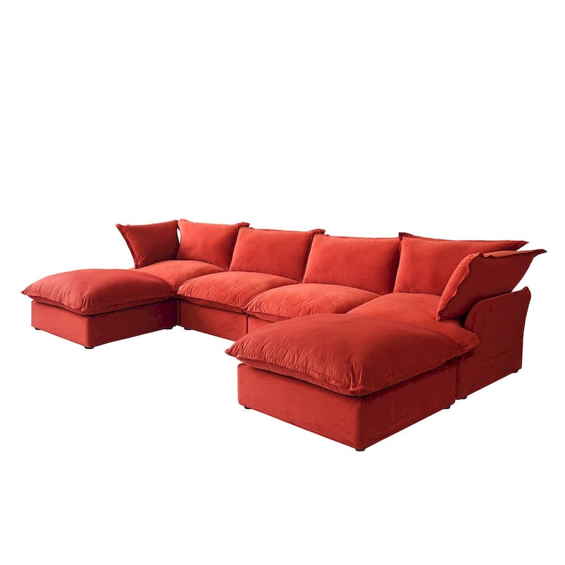 U-förmiges Samt Cloud Schnittsofa, Daunenfeder breite tiefe Sitzfläche umwandelbare Couch mit 2 Aufbewahrungs-Ottomanen.