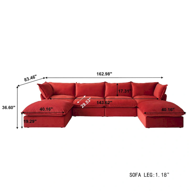 U-förmiges Samt Cloud Schnittsofa, Daunenfeder breite tiefe Sitzfläche umwandelbare Couch mit 2 Aufbewahrungs-Ottomanen.