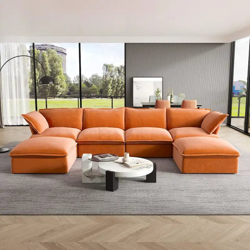 U-förmiges Samt Cloud Schnittsofa, Daunenfeder breite tiefe Sitzfläche umwandelbare Couch mit 2 Aufbewahrungs-Ottomanen.